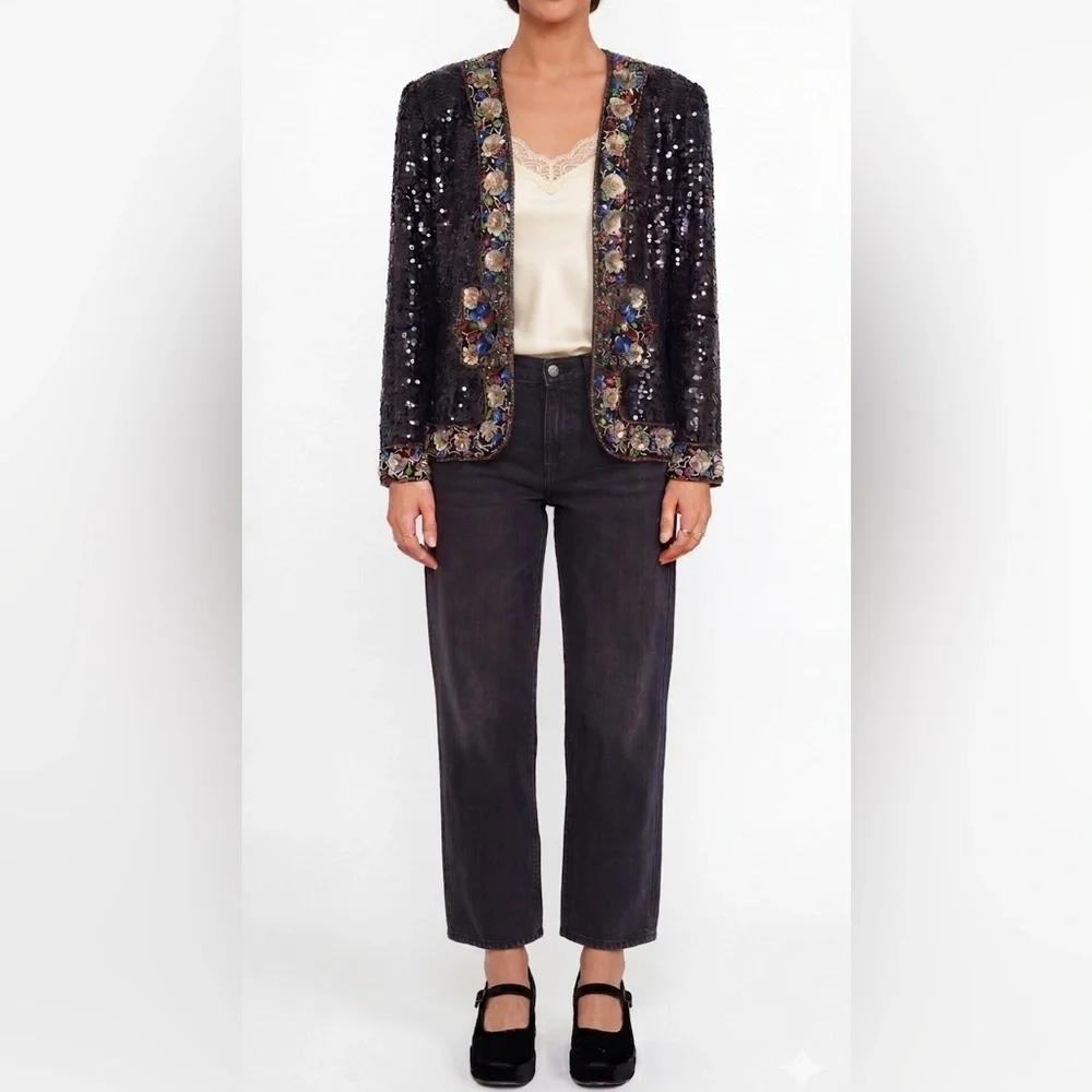 Floral Maximalist Sequin Beaded Jacket S Black Silk Vintage Stenay Whimsigoth